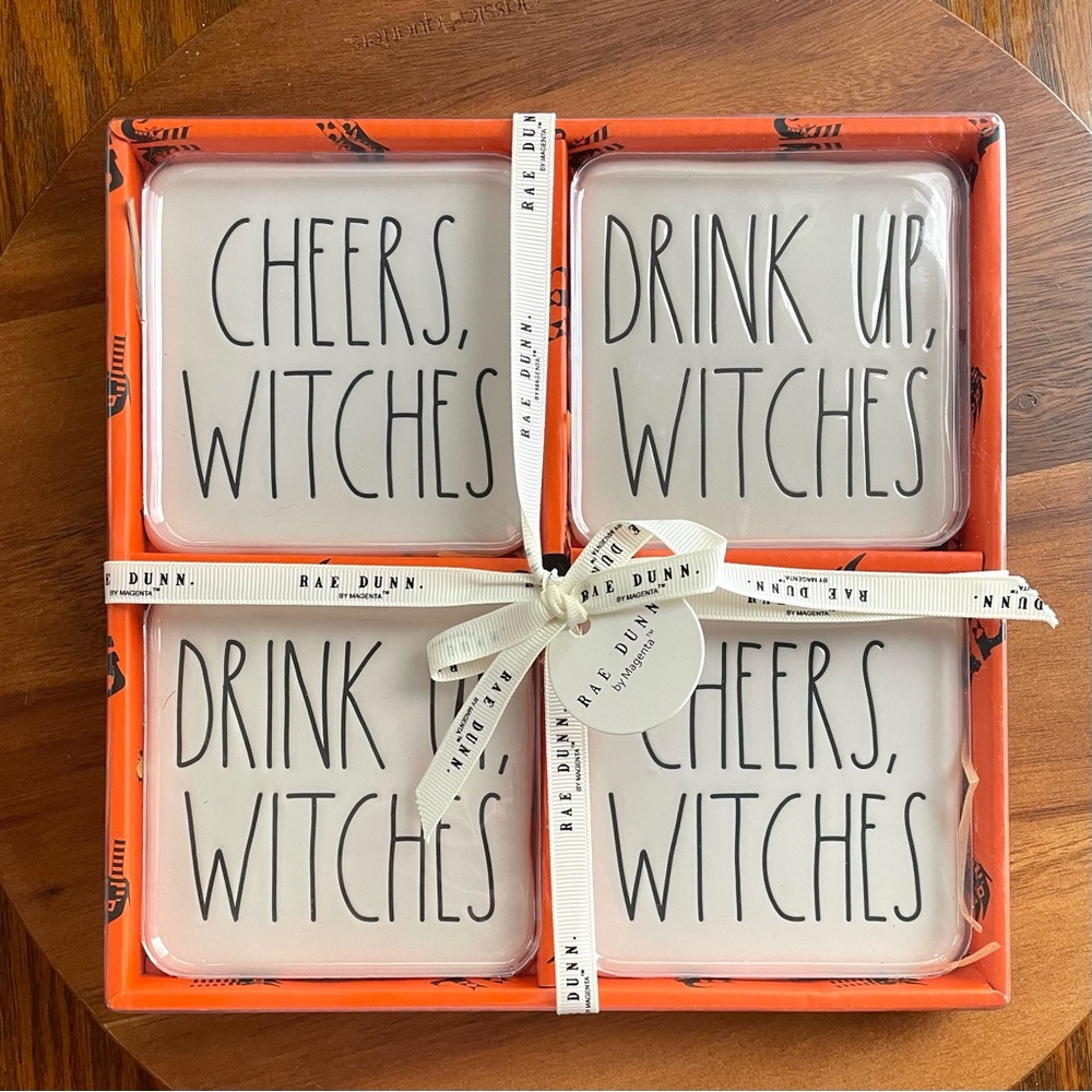 **NIB** Rae Dunn Coaster Set - Fall/Halloween - Witch Themed - White Ceramic